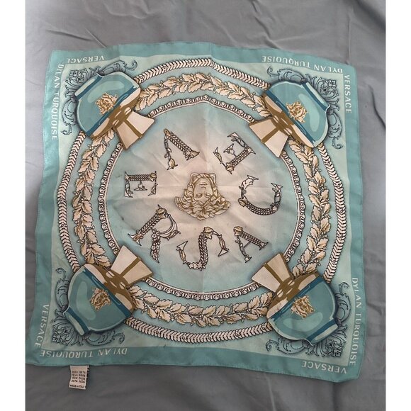 Versace Dylan Turquoise Small Silk Scarf Made In Italy Square 13”